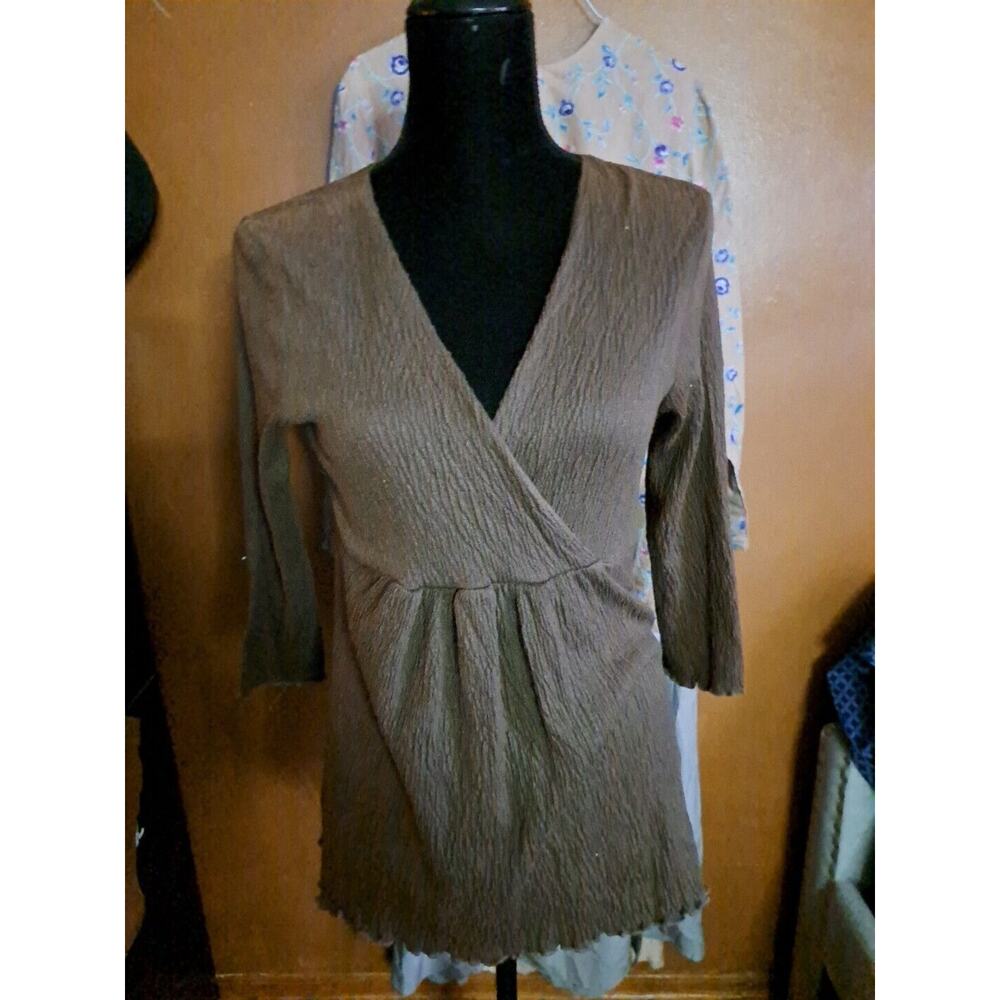 Susan Lawrence Textured Faux Wrap Top Sz LG Dark Brown 3\4 Sleeve